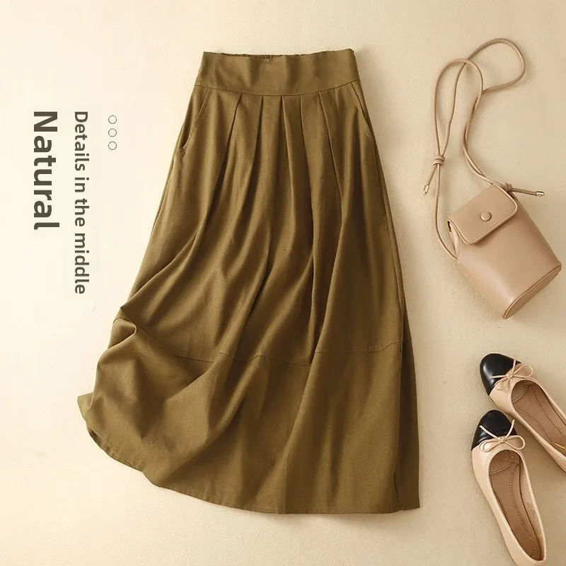 

Summer New Sle Retro Artistic f-length Pure Color A-line Skirt Elastic Waist Linen Casual Versatile Women's Skirt