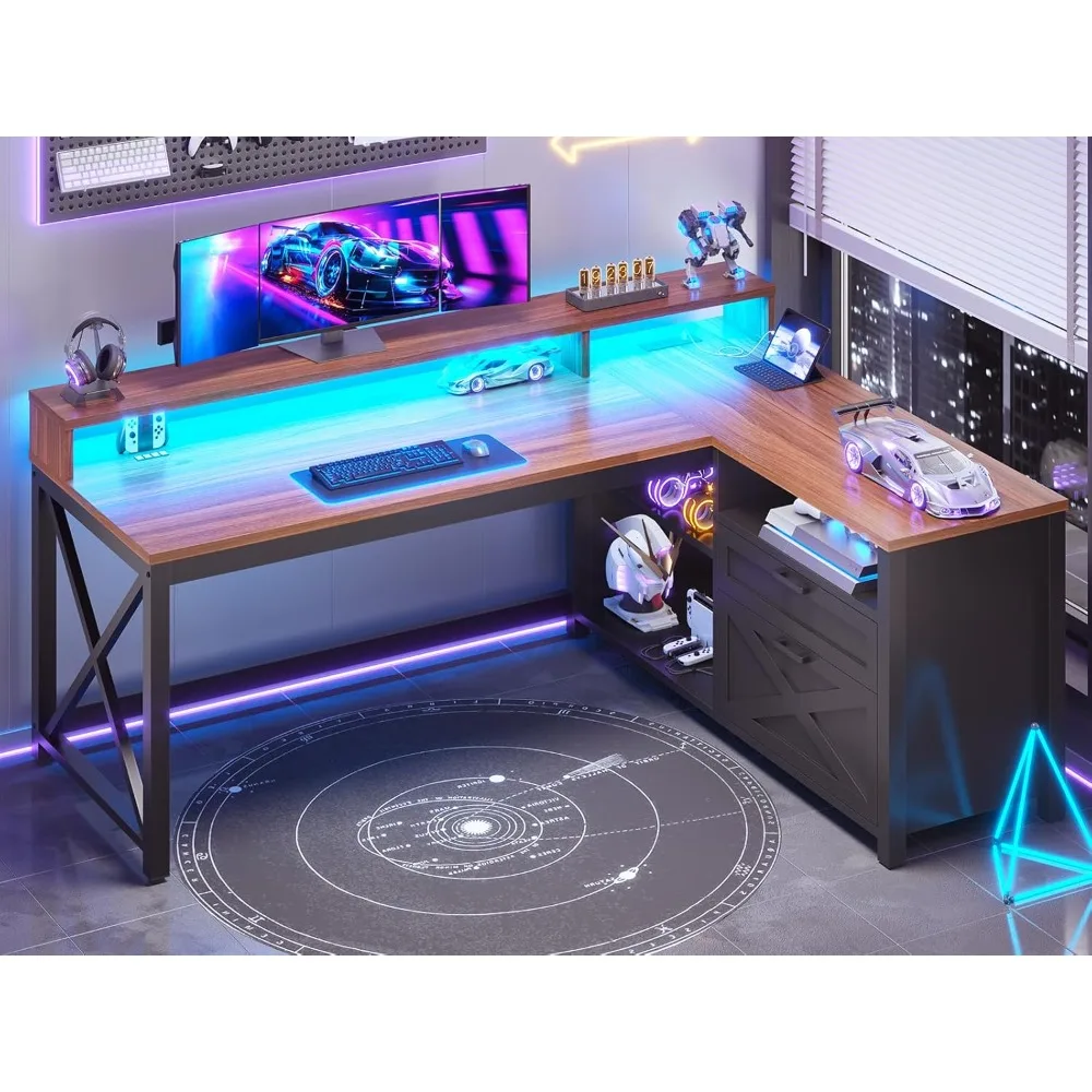 

L Shaped Game Table with Drawers, 55 Inch Farmhouse Computer Table with Drawers and Storage Shelves with LED Lights