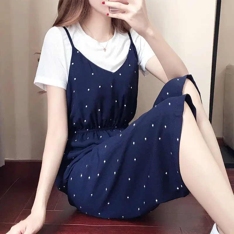 Ele Summer 2025 Salopette à bretelles en mousseline de soie pour femme coréenne Sle ample à pois pantalon une pièce à neuf points trajet mince polyester...