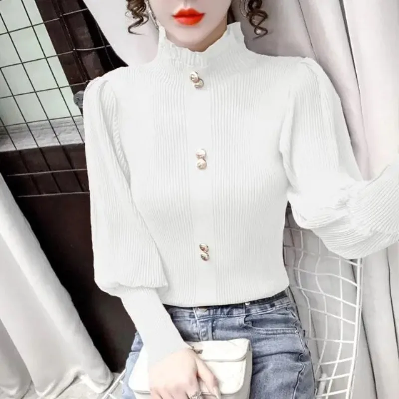 Women\'s Pullover Solid Long Sleeve Button Sweater Half High Collar 2023 Spring and Autumn Korean Puff Sleeve Ruffles Knit Tops