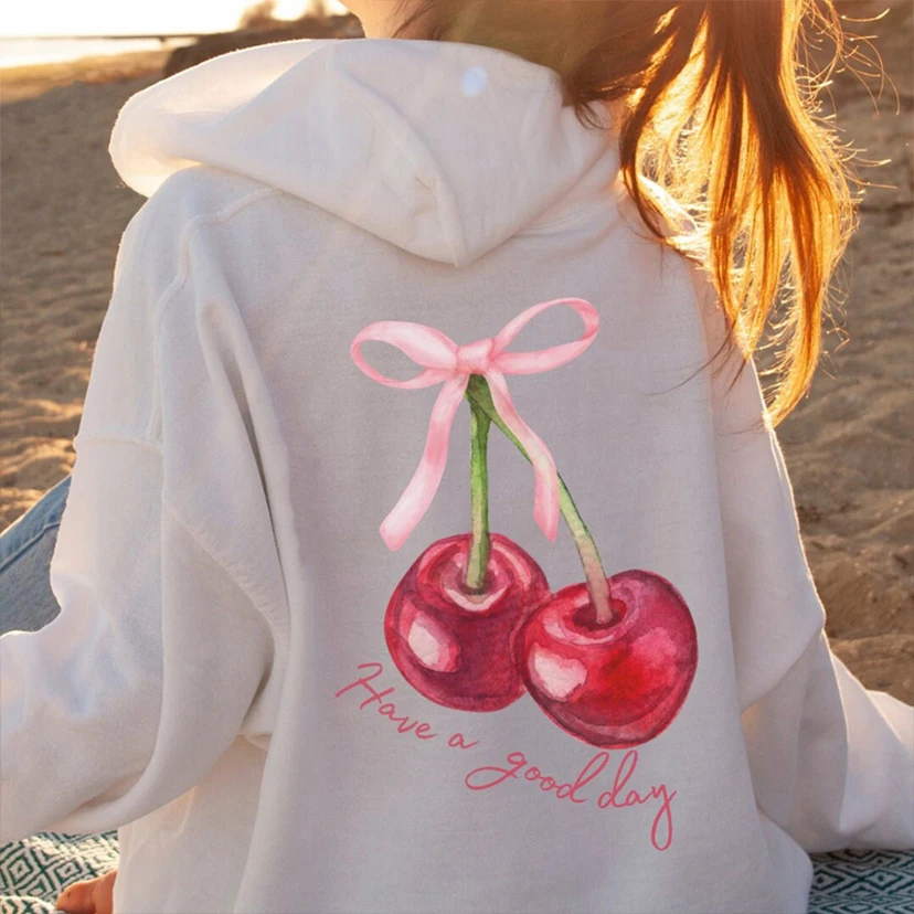 Coquette Cherry Hoodie Have A Good Day Hoodie Words on Back Coquette Bow Hoodie Trendy Ribbon Hoody Cute Pullover Sweatshirts