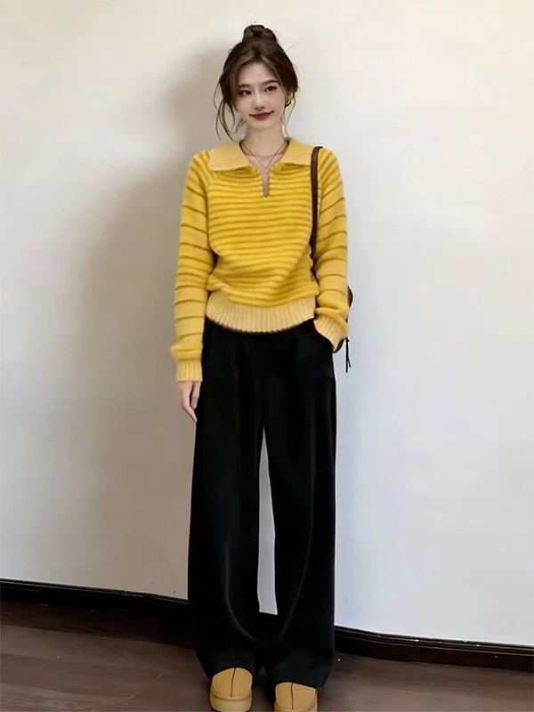 

Уникальный красивый желтый полосатый вязаный свитер для женщин, зимний, утепленный, очень стильный, корейский, мягкий, уютный вязаный топ