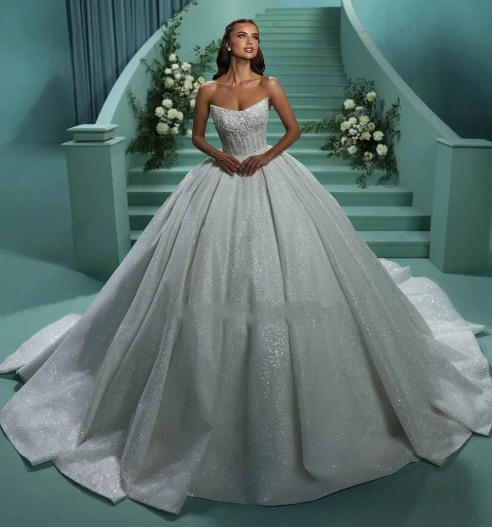 

2025 Sparkly Sequins Church Wedding Dress Strapless Lace Appliques Beads Princess Bride Bridal Gowns Vestidos De Novia