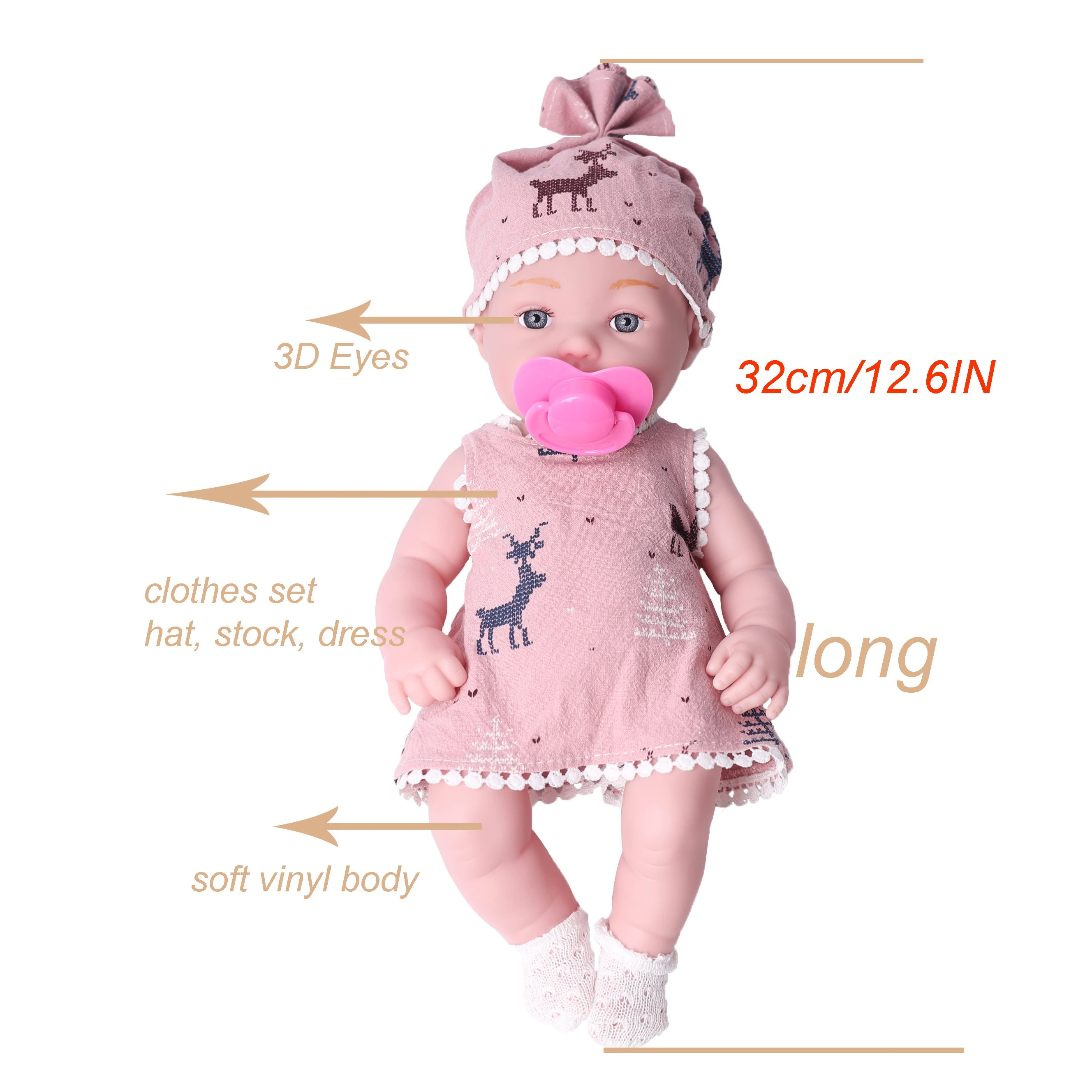 One Piece 12.6 Inches Newreborn Baby Doll Light Pink Color Clothes Vinyl Body 32cm Realistic Reborn Baby Dolls with Pacifier