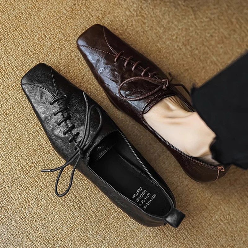 

Новинка 2024, весенне-осенняя винтажная женская обувь, элегантные туфли с неглубоким квадратным носком, женские туфли на шнуровке, женская обувь