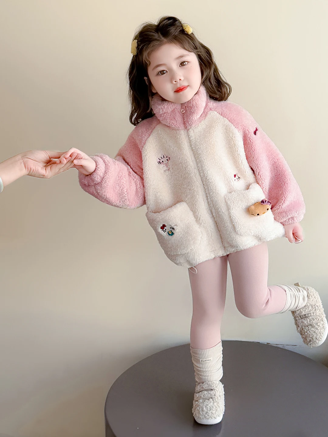 

Girls Fce Lined Jaet Plu Children's Sweater Cartoon Warmth Outerwear Stand Fit Long Sve Zipper Closure Coat