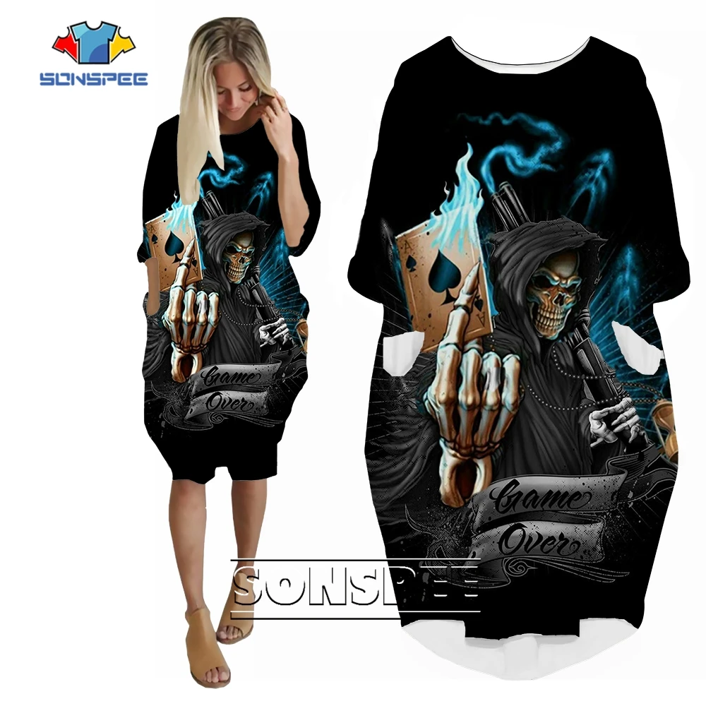 SONSPEE 2022 Street Personality Spades Poker Women's Dress The New Horror Series Skull 3D Print Skirt Suits Lady Girl Streetwear