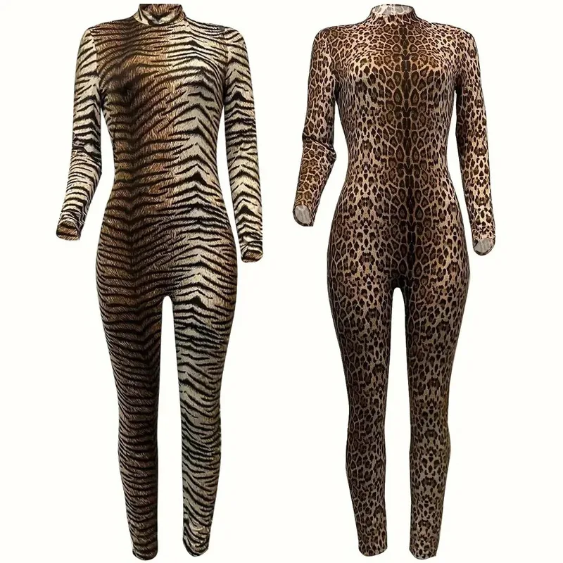 Женские комбинезоны с леопардовым принтом для тренировок, цельный комбинезон с длинными рукавами, костюм для косплея, сексуальная одежда для вечеринок в ночном клубе на Хэллоуин, размеры S-4XL