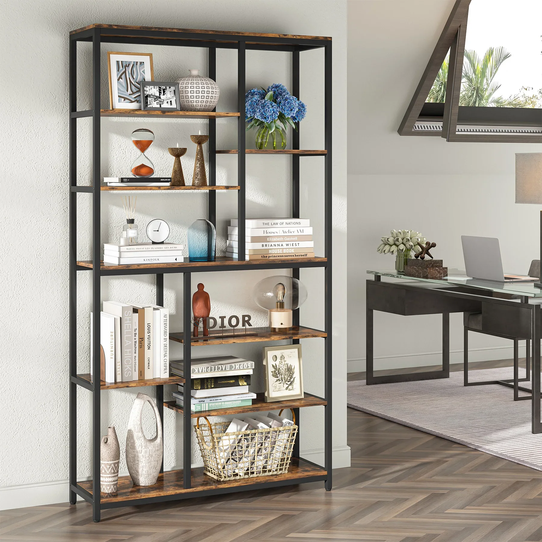 Tribesigns Modern 8-Tier Staggered Bookcase - 79 Inches Tall, Wide Wood Etagere Shelving Unit