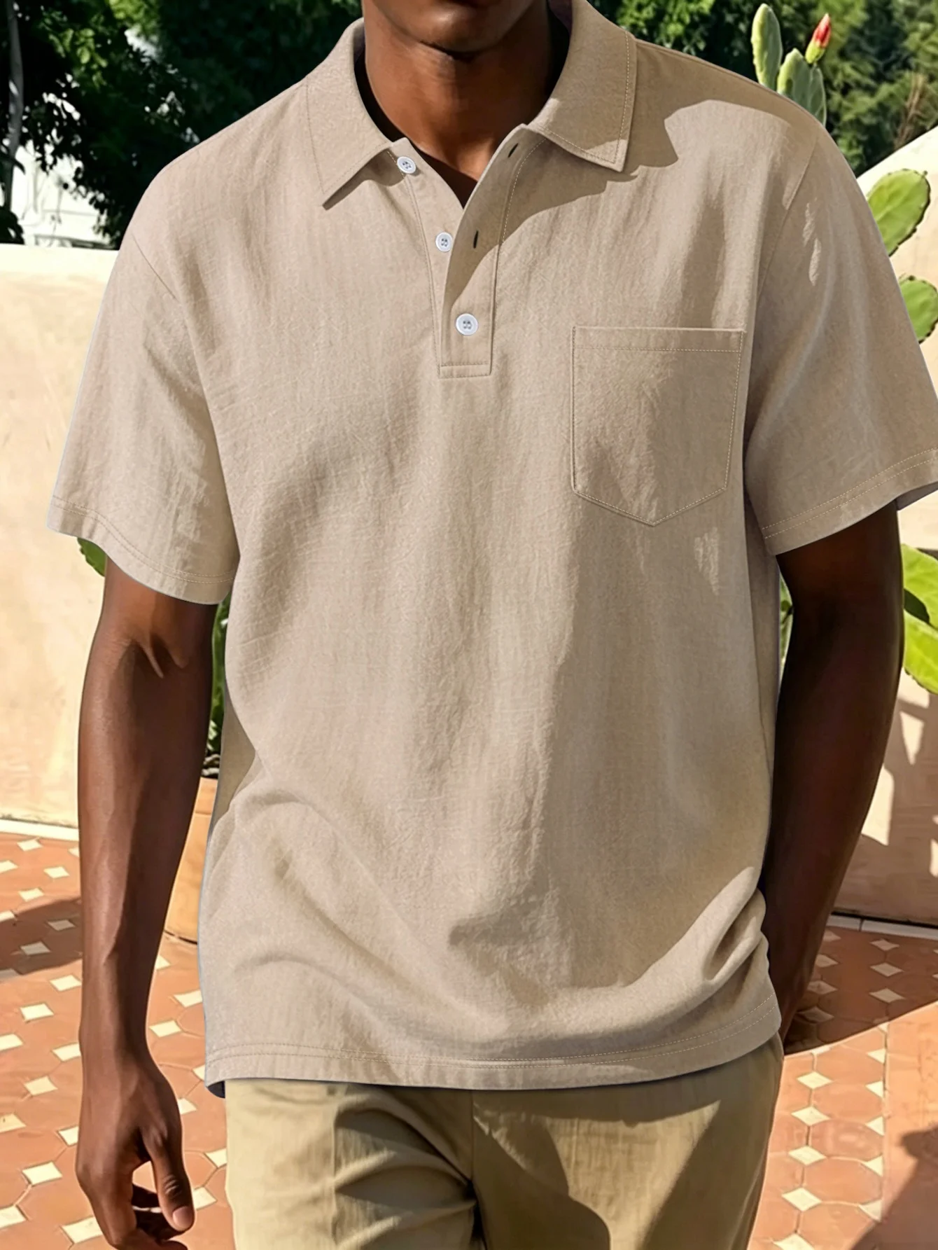 Herren-Poloshirt aus Baumwolle und Leinen, kurzärmelig, Brusttasche mit einem Knopf, Dreiknopfkragen, lässiges Hemd, atmungsaktiv, für den Sommer – Detail 8