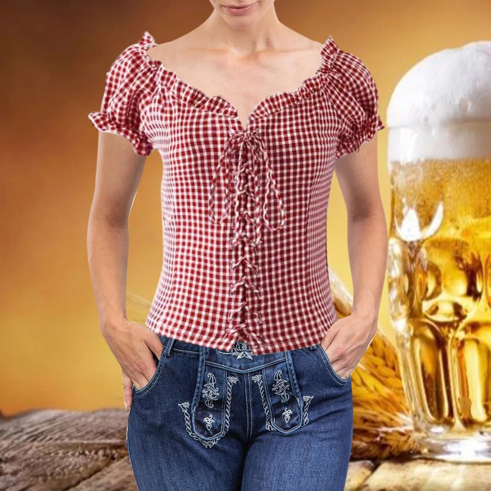 Bavarian Oktoberfest Women Plaid Shirt Tie Front Short Sleeve V Neck Shirt Top For Beer Festival Casual Traditional Shirt