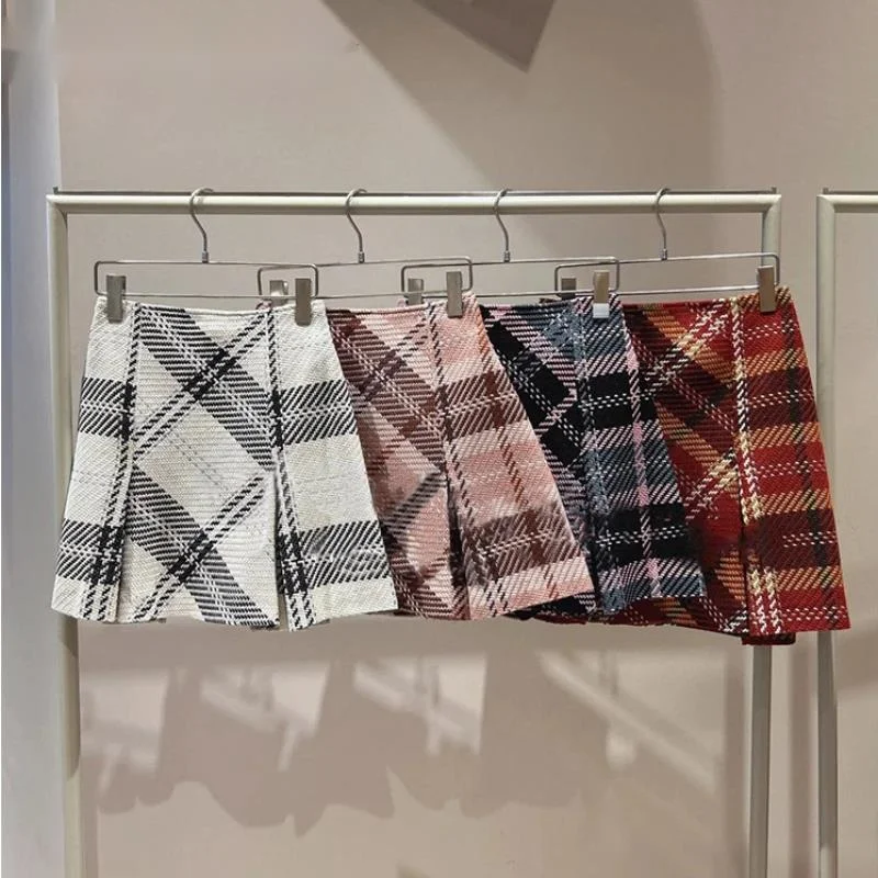 

Luxury Personalize High Waist Faldas Contrast Color Plaid Slim Mini Skirt Woman Flare 2024 Autumn New Fashion Japan Ruched Skirt