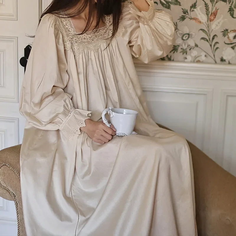 

Euro Classsical Long Nightdress Vintage Lace Square Collar Full Sleeves Nightgowns 100% Cotton Retro Apricot Loose Nightie New