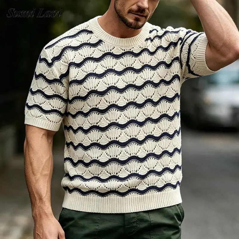 Fashionable Striped Crochet T Shirts Mens Short Sleeve Crew Neck Knitted Casual Pullover Tops Summer Leisure Men Hollow Out Tees