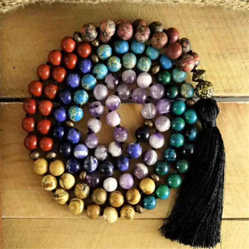 

Natural 7 Chakra Mixed Gemstone 108 Beads Mala Necklace with Black Tassel Spiritual Jewelry