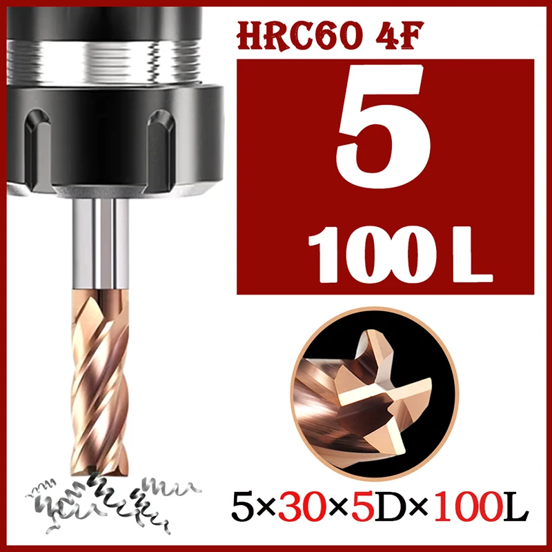 HRC60 End Mill 5x30x5Dx100L 4 Flute Milling Cutter Alloy Coating Tungsten Steel Cutting Tool 5MM CNC Maching Endmills