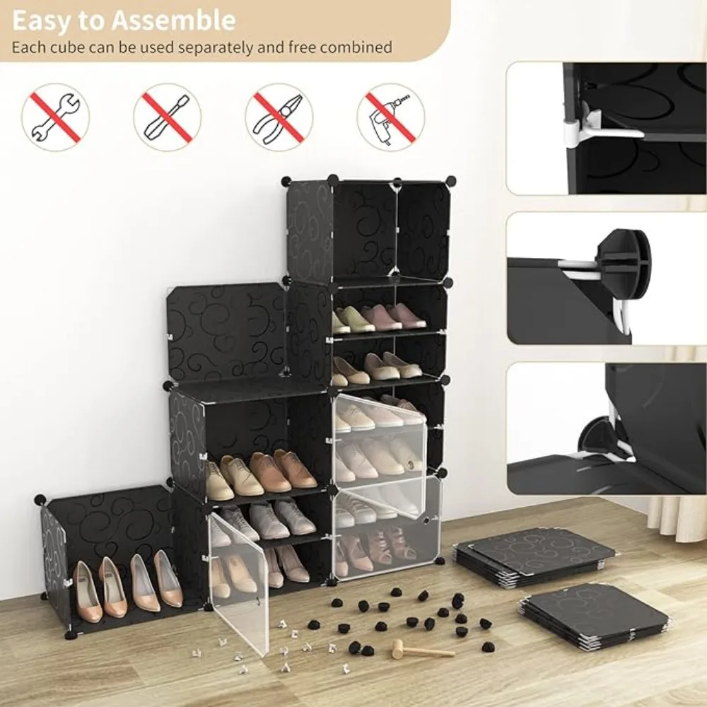 WEXCISE Portable Shoe Rack Organizer with Door, 48 Pairs Shoe Storage Cabinet Easy Assembly, Plastic Adjustable Shoe Organizer