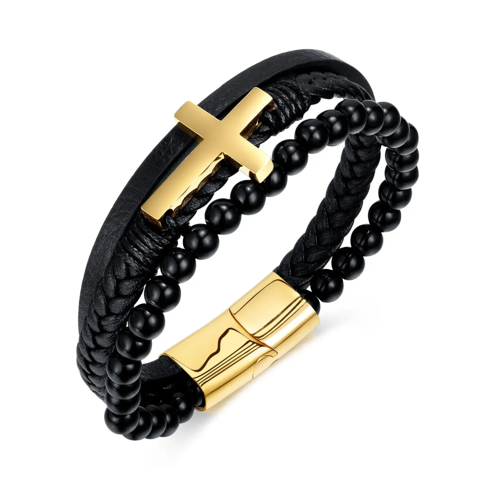 

CHUANGCHENG Vintage Stainless Steel Cross Multi-Layer Woven Cuff Men Bracelet Charm Bangles Jewelry