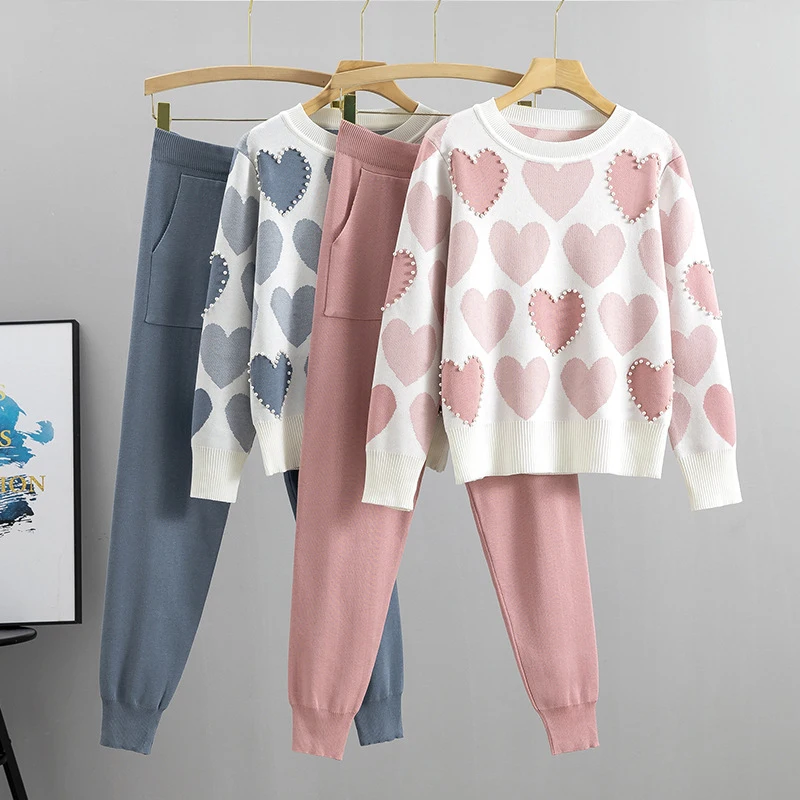 Love Print Knit Tops 2 Piece Sets Women Long Sleeve Beading Pullover Sweater Conjunto High Waist Knitwear 93cm Harem Pants Suits