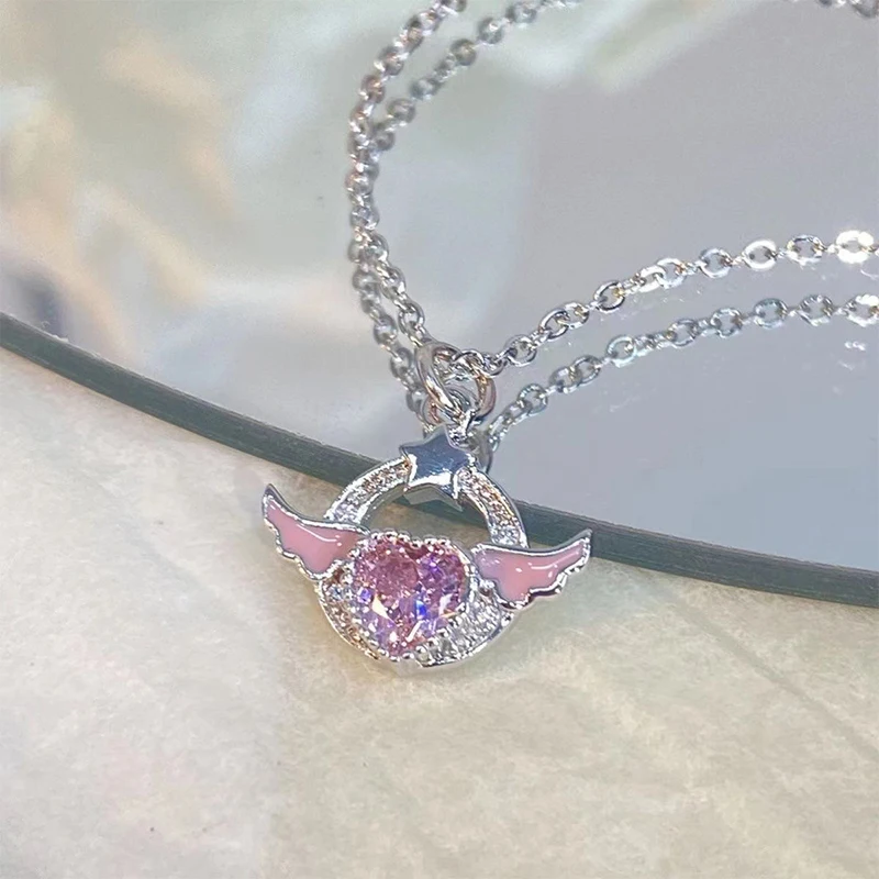 Angel Wings Zircon Necklace Elegant Design Wedding Crystal Pendant Stainless Steel Chain Jewelry Anniversary Gifts