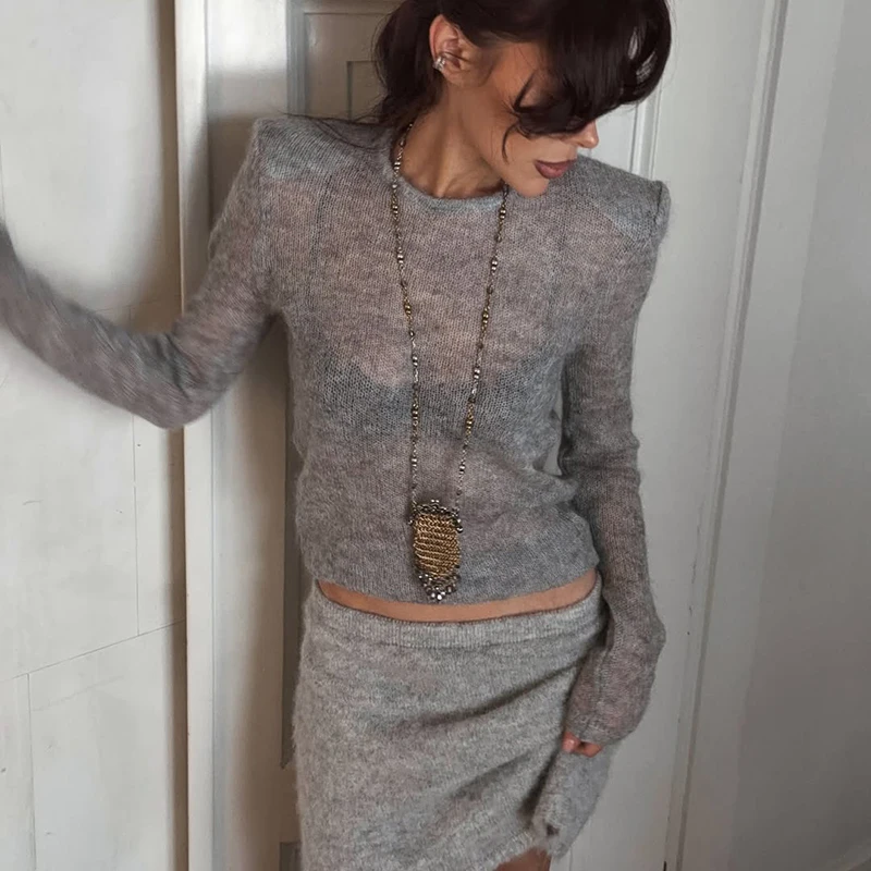 

Tornova Casual See Through Knitted Sweater For Women Padded Shoulder O Neck Long Sleeve Sweater Top Sping New Lady Knit Pullover