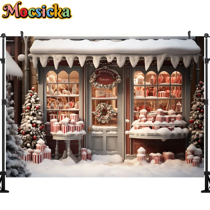 모시카 크리스마스 진저브레드 하우스 배경, 크리스마스 트리, 겨울 눈 눈사람 아기 초상화, 가족 파티 사진 배경