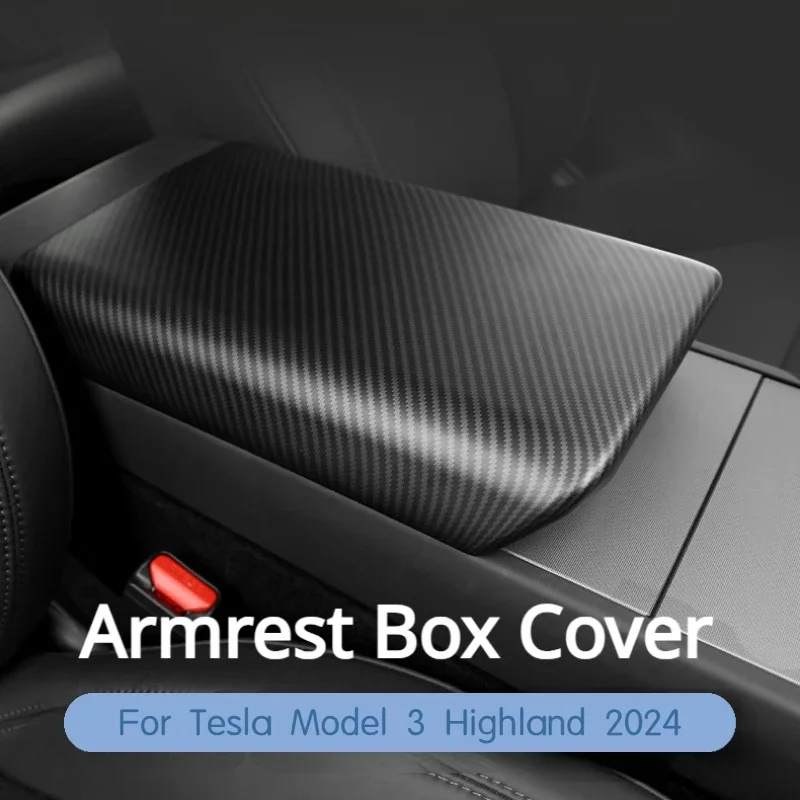 For New Tesla Model 3 Highland 2024 Armrest Box Cover Plate ABS Carbon Fiber Armrest Box Protective Cover Shell Car Accessories