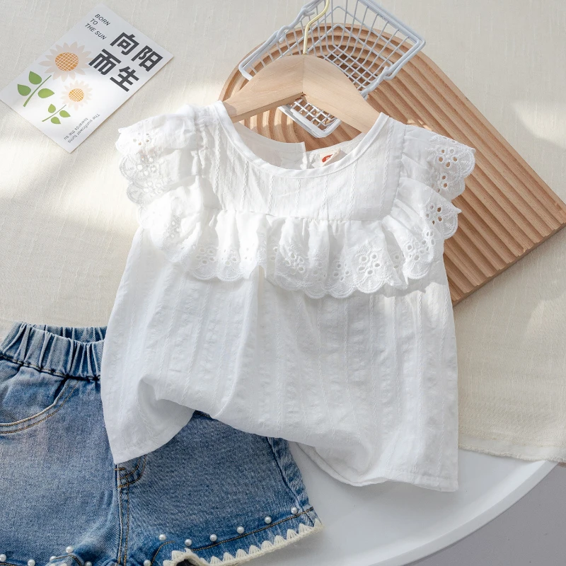 Girls Hollow Lace Cotton Tank Top 2024 Summer New Korean Baby Girl Ruffled Round Neck Sleeveless T-Shirts Casual White Tops