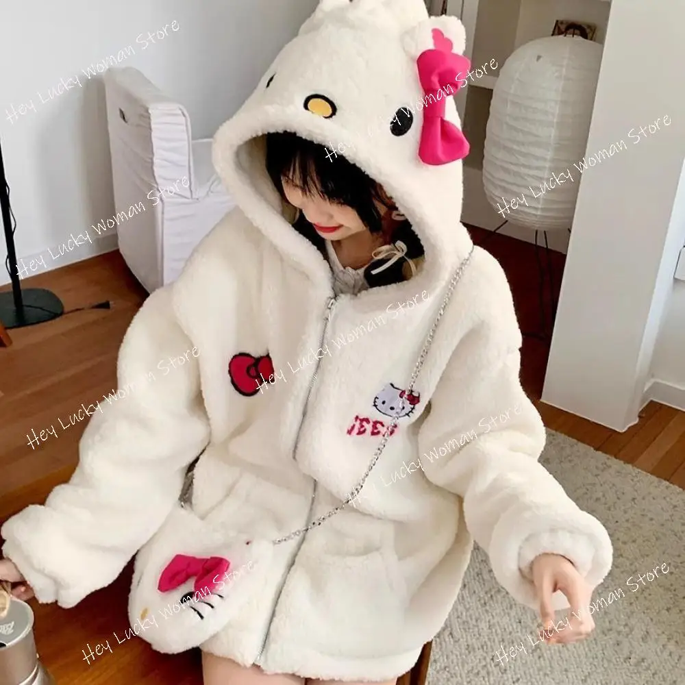 Original Hello Kitty Lamb Wool Coat Sanrio Cute Girl Student Winter Loose Plush Thickened Warm Cotton Coats Y2K Clothes Women