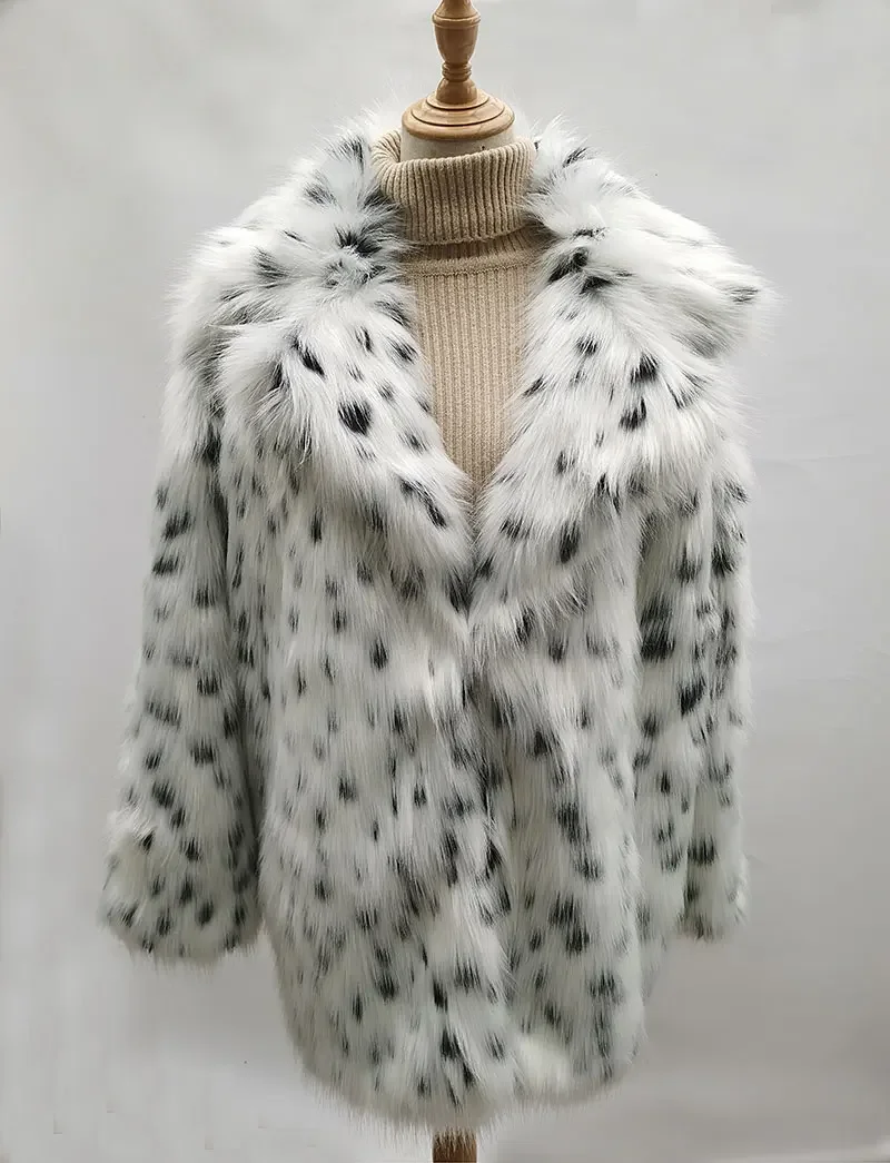 المرأة طويلة ليوبارد طباعة تقليد الثعلب معطف الفرو شتاء دافئ سميكة أفخم سترة للسيدات ملابس خارجية عصرية معطف الفرو فو