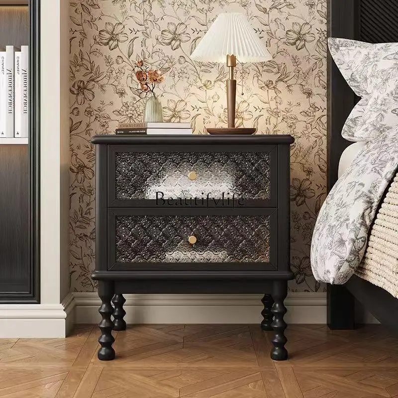 

04American retro bedside table solid wood log glass household bedroom drawer storage locker