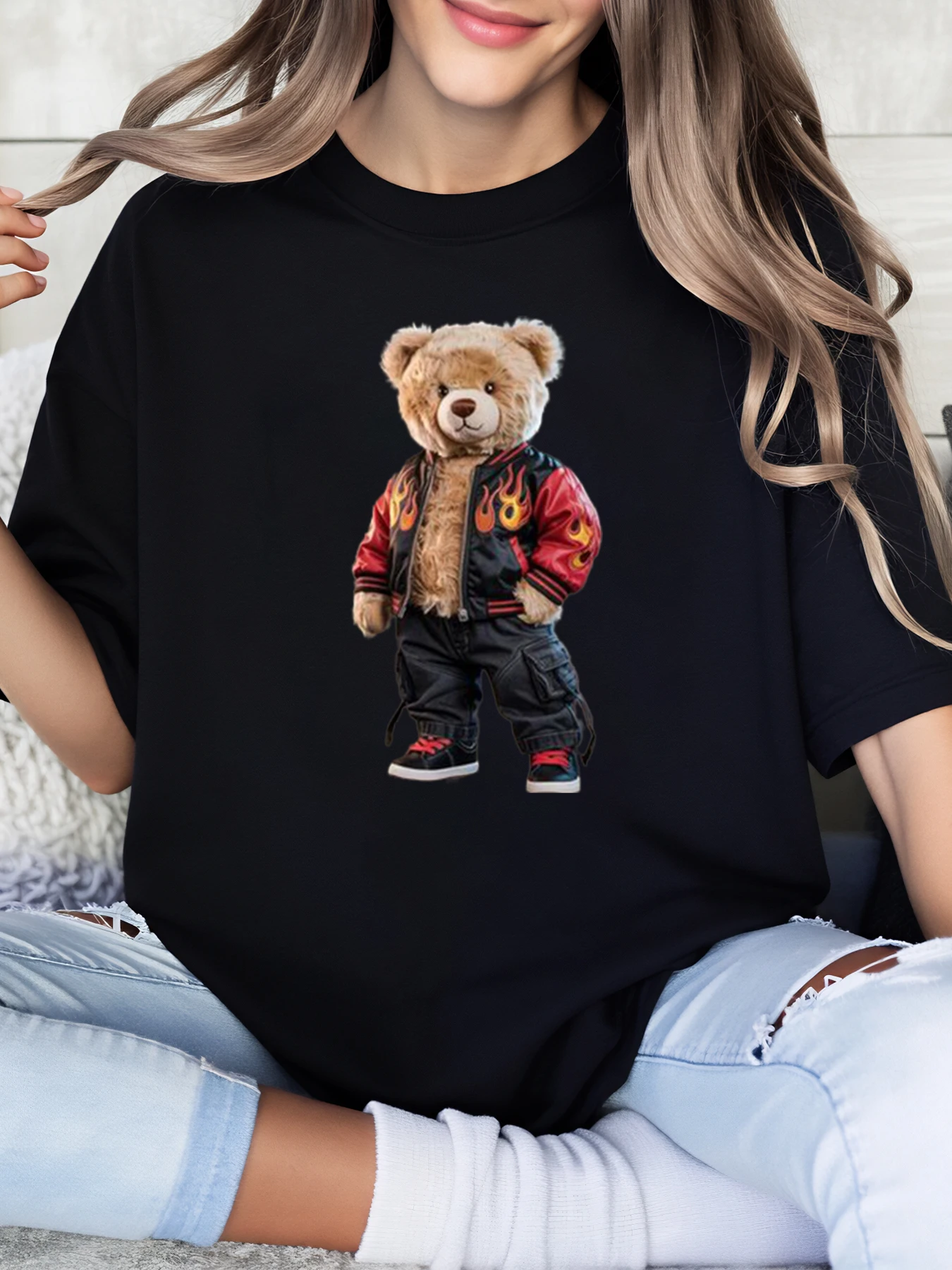 

Teddy Bear Flame Jacket Print Halloween T-Shirt Women Casual Outfit Black Plus-Size