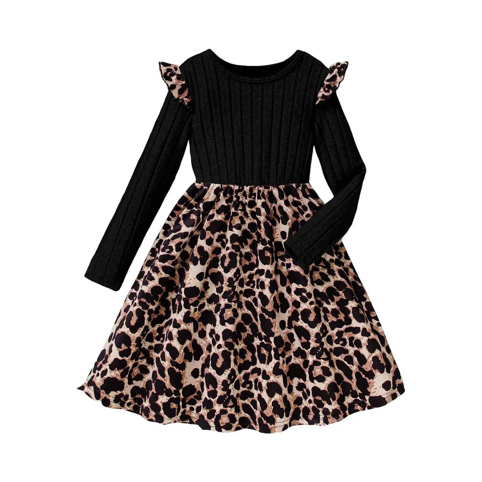 

Платье для девочек, короткое платье с леопардовым принтом и длинными рукавами, повседневное вязаное платье трапециевидной формы с рюшами, кружевное платье для девочек