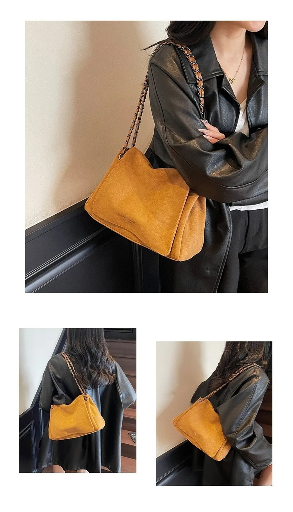 Elegante Retro Damen Schultertasche aus Wildleder, Große Kapazität, Handtasche, Umhängetasche, Einfarbig, Ketten-Unterarmtasche, Herbst Winter – Detail 7