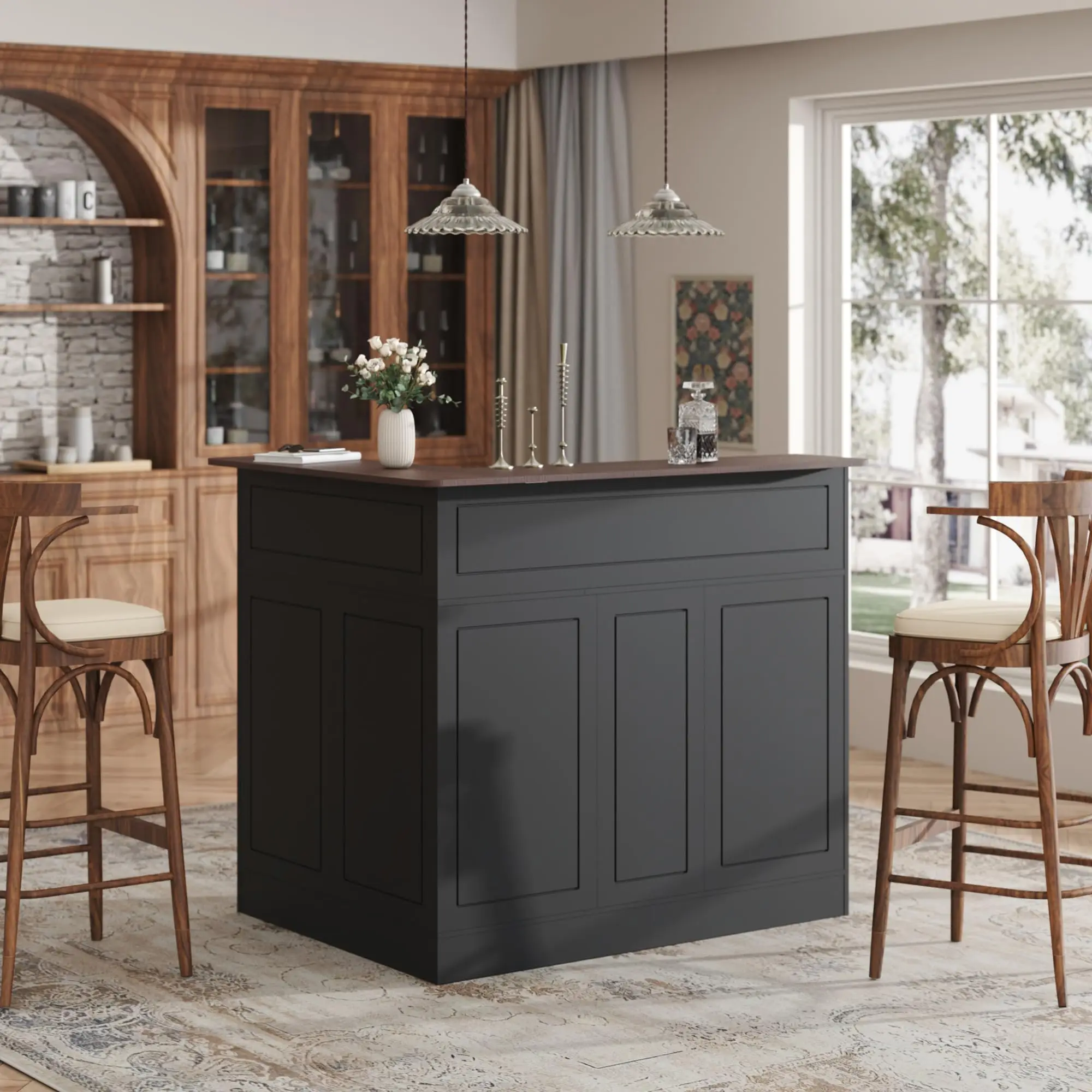 L-Shaped Bar Cabinet, 4-Tier Corner Bar Unit with Stemware Racks (Black)