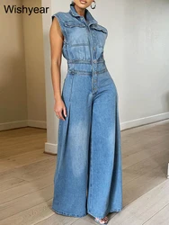 Vintage Loose Denim Wide Leg Pants Jumpsuit Women Pocket Sleeveless Single Breasted Baggy Jean One Piece Rompers Street Overalls