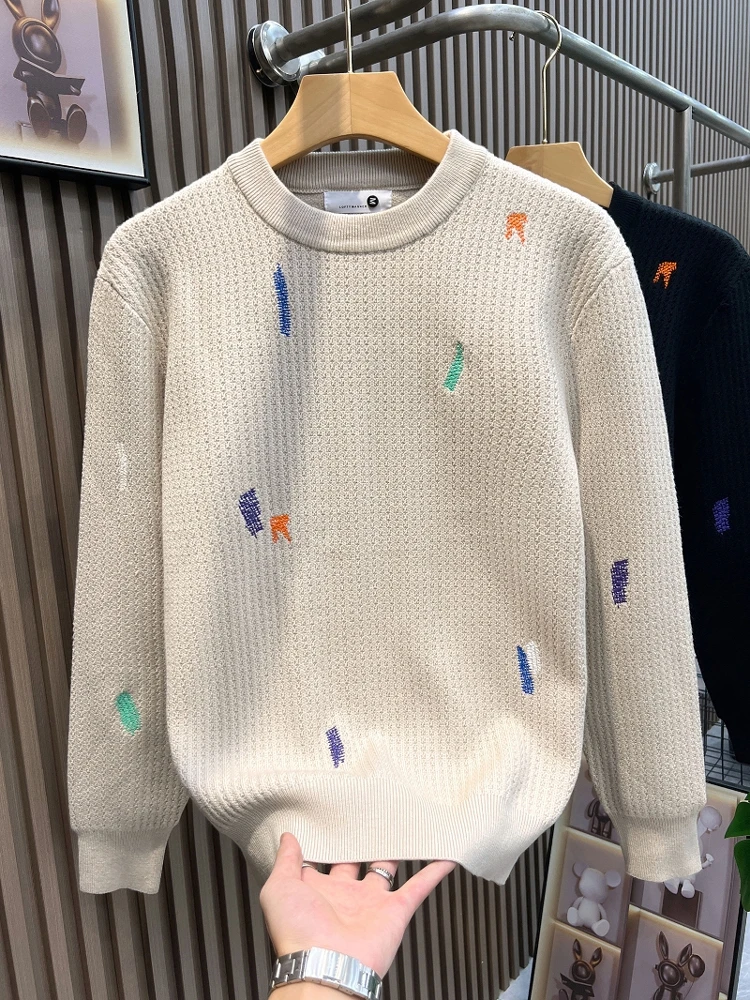 

High-Quali Embroidered Knitted Men's Sweater Base Layer Top Winter New Sle Youthful Vitali Loose Fit Long Sve Crew Ne