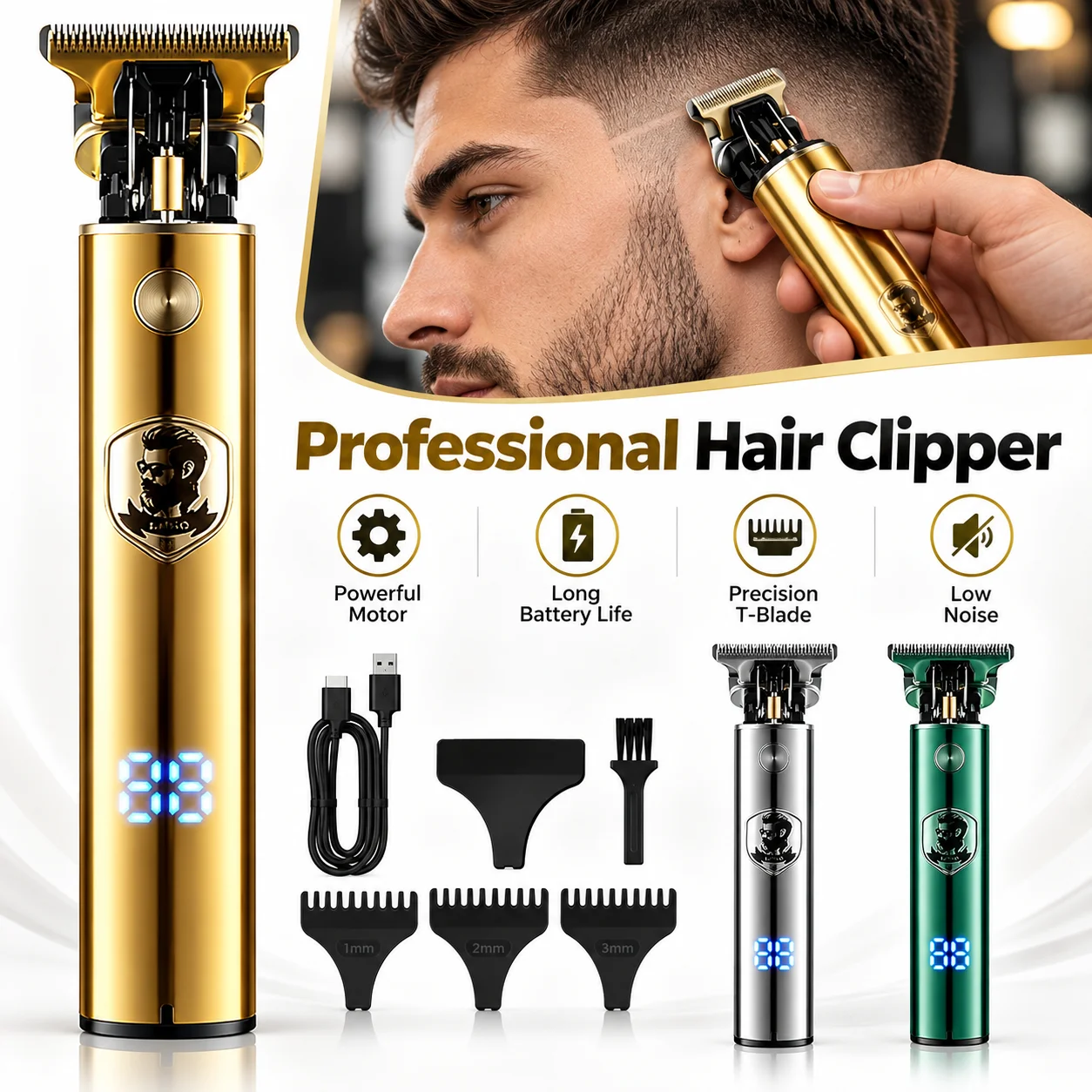 Professional Hair Clippers for Men, Cordless Rechargeable Hair Trimmer, Electric Barber Clippers for Haircuts and Beard Trimming, Precision Hair Cutting Trimmer for Barbers and Home Use, Portable Mens Grooming Clippers with Ergonomic Design, Silver