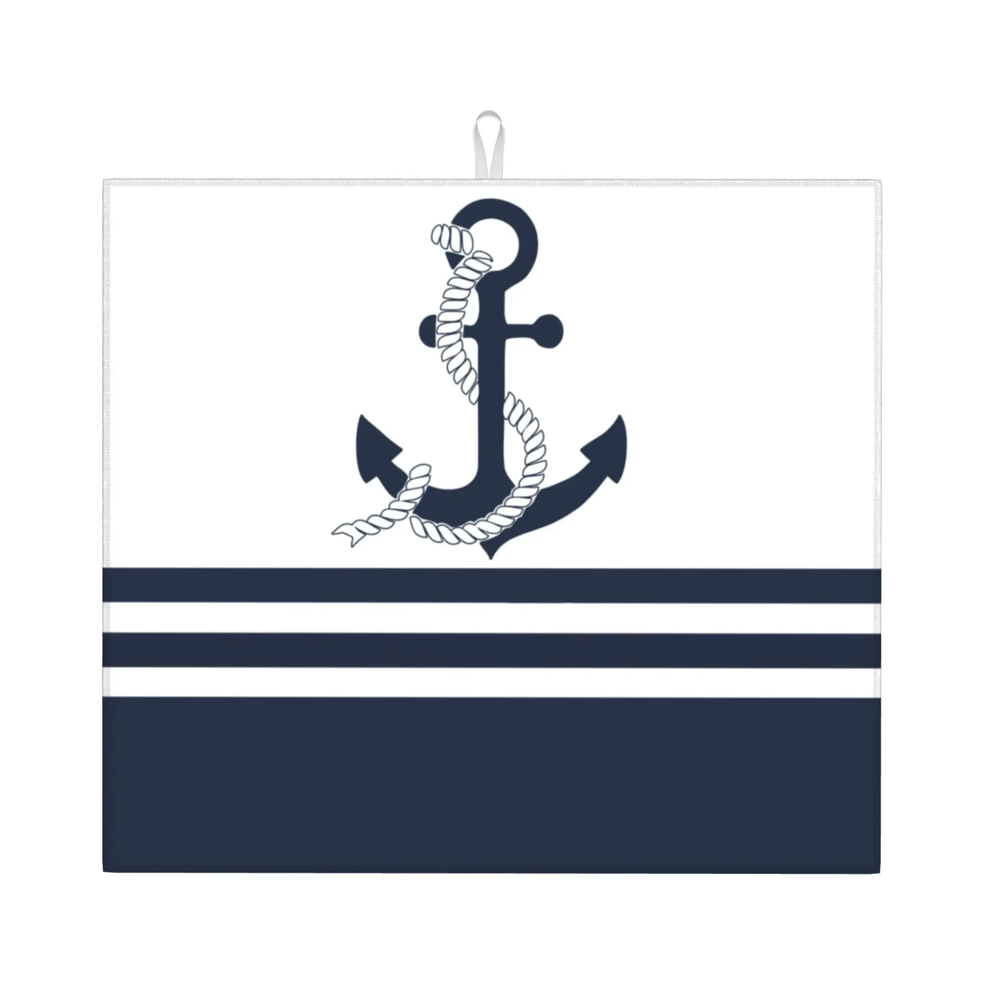 Nautical Blue Anchors with Blue and White Stripes Absorbent Barware Tableware Sailing Sailor Bathroom Drying Mat For Kitchen