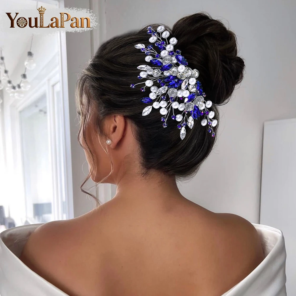 YouLaPan Pente de cabelo elegante com strass azul, tiara de noiva com pérolas, pente lateral prateado, acessórios para cabelo para festa A286