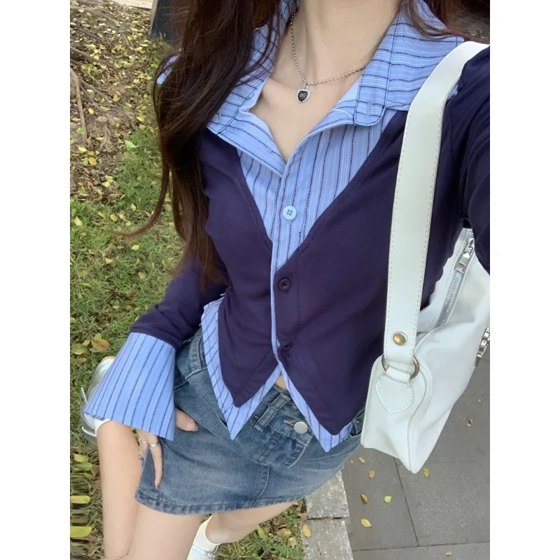 QWEEK Korean Style Short Shirt Harajuku Tunic Striped Preppy Elegant and Youthful Woman Blouses Gyaru Long Sleeve Chic Clothes