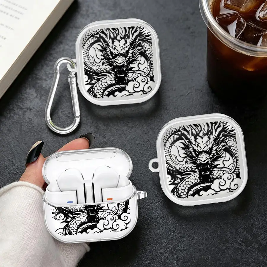 Clear Earphone Cases Cover With Hook Case For Samsung Galaxy Buds 2 2Pro Live 3 FE 4 Pro 3Pro 4Pro Detailed Dragon Print