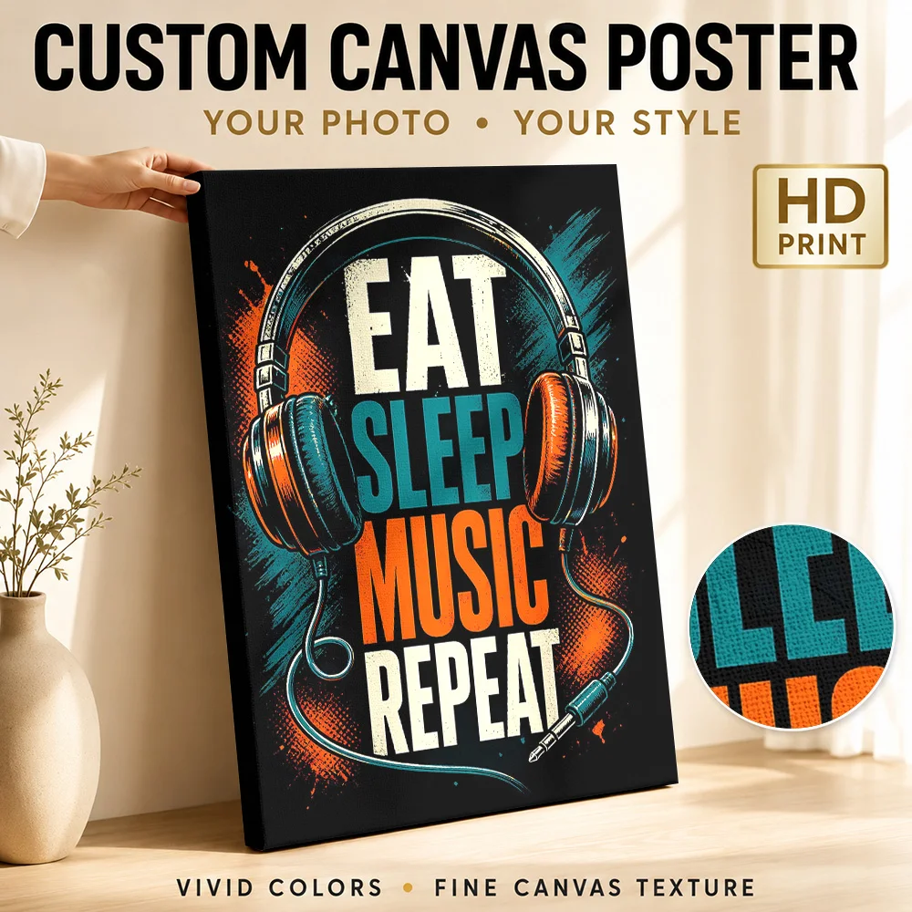Eat Sleep Music Repeat Headphones Canvas Painting Poster Custom Retro Music Wall Art for Bar Decor Ready to Hang Gift for Fans