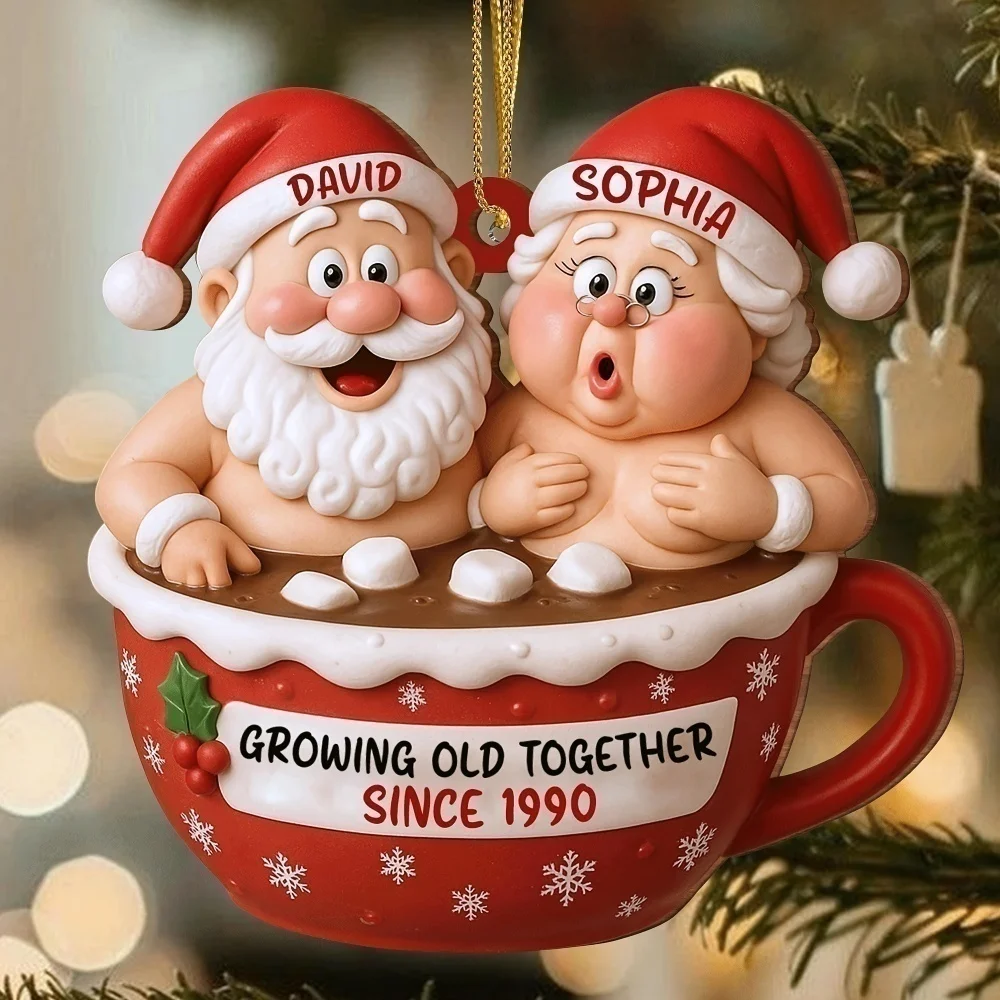 Custom Names Year Santa Couple Christmas Ornament, 2D Acrylic Hot Chocolate Mug Pendant, Growing Old Together Xmas Tree Keepsake - view 4