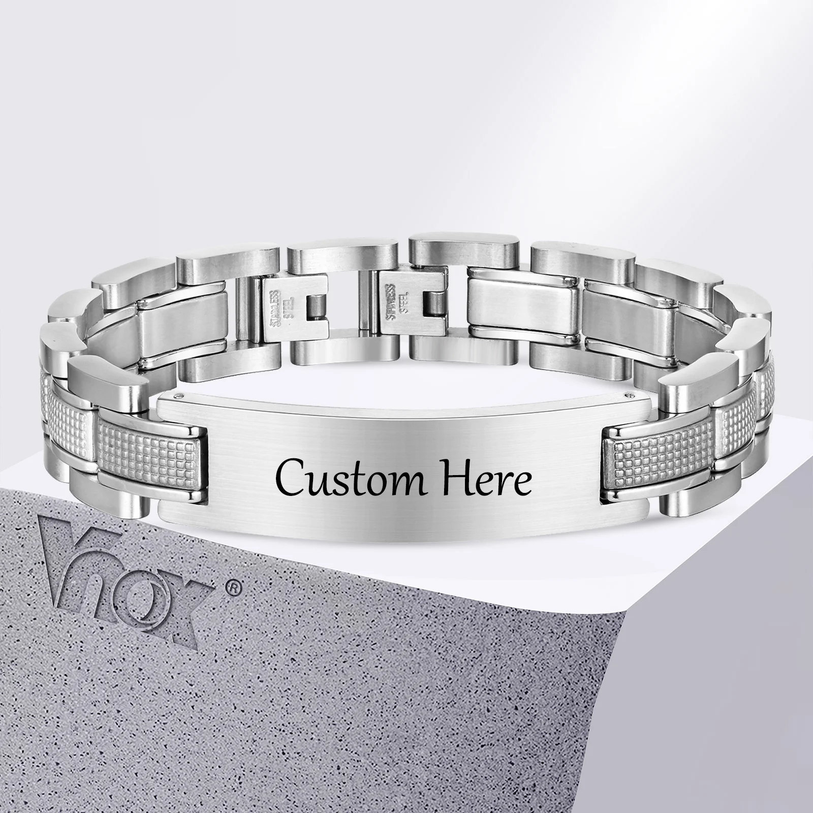 

Vnox Customized Luxury Watch Band Bracelet for Men, Free Personalized Black Silver Color Stainless Steel Chunky Wristband Gift