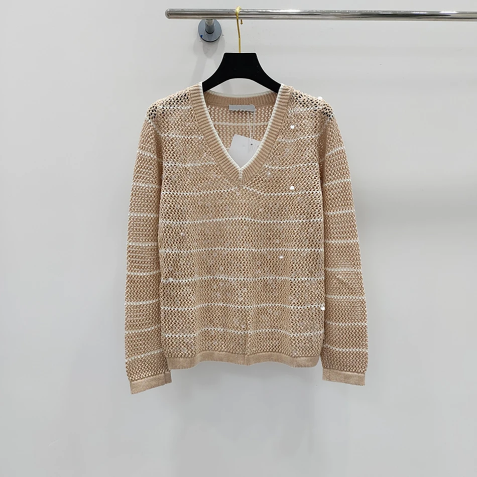 Knitted Pullover For Women With Dazzling Stripes High Quality Wool Tops 2024 New Luxury Sweater