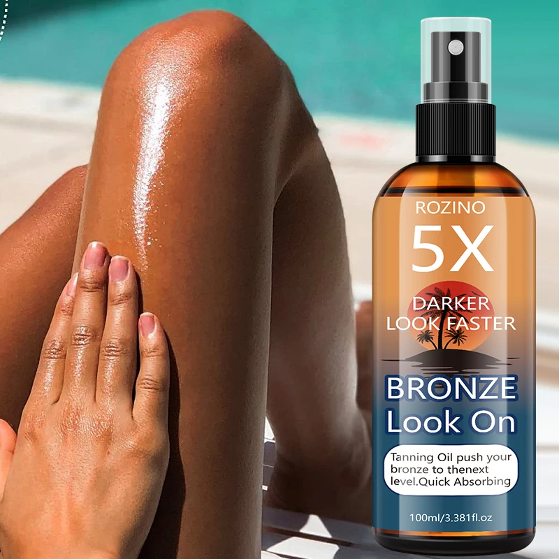 Sunless tanning oil, refreshing and non-greasy, deeply moisturizing, gentle formula without irritation, perfect for a flawless bronzed complexion, suitable for body, hands, and feet