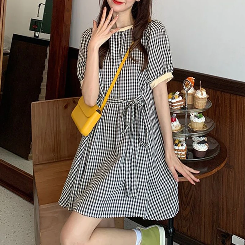 Women Vintage Plaid Print Lace Up Sweet Kawaii Y2K Mini Dress 2024 Summer Female Trendy Casual Short Sleeve Loose Beach Dresses