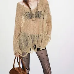 Hollow-out Knit Sweater Ripped Long Sleeve Smock Sun Protection Top To Wear