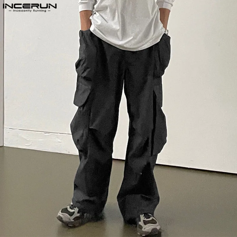 

INCERUN Men Cargo Pants Solid Color Joggers Elastic Waist Casual Straight Trousers Men Loose Streetwear 2024 Fashion Pants S-5XL